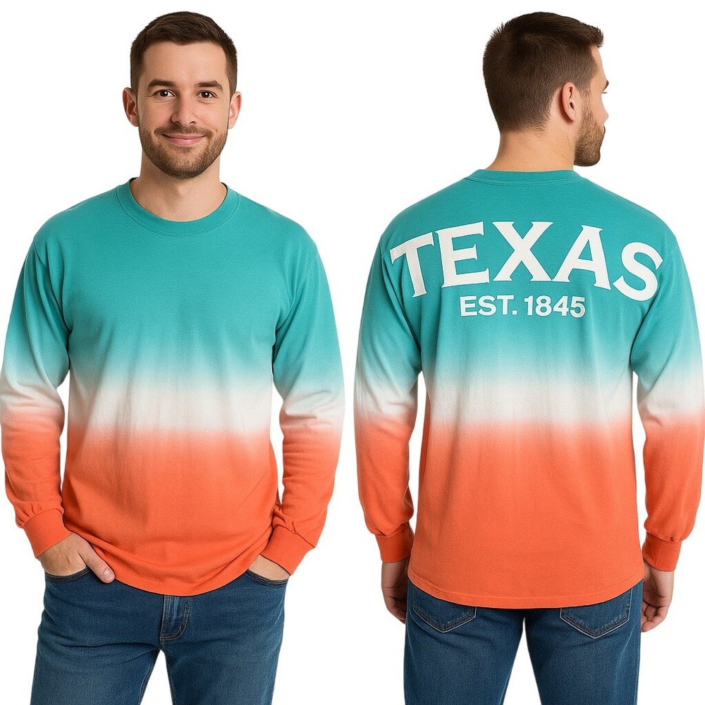 Spirit Shirt Teal White Long Sleeve Colorblock Crew Neck Texas Retro Ombre M